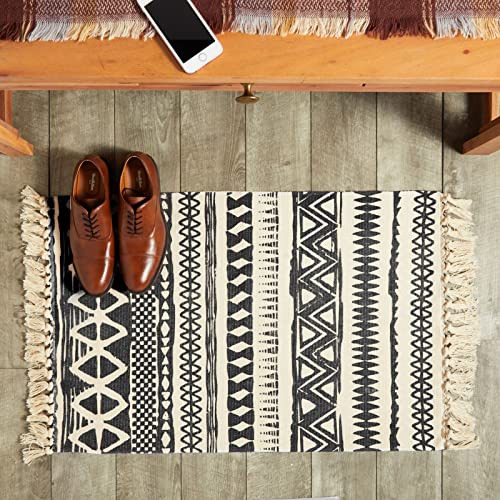 Juvale Hand Woven Area Rug with Tassels, Tribal Geometric Bohemian Style Home Décor (Navy and Cream, 2x3 Feet)