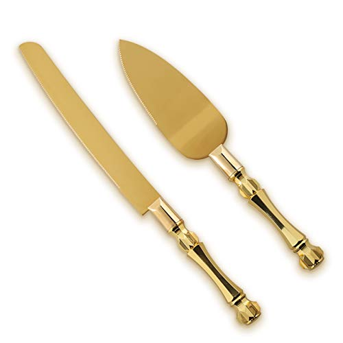 Homi Styles Wedding Cake knife and Server Set | Elegant Gold Color Plastic Handles And Premium 420 Stainless Steel Titanium gold plated Blades | Cake & Pie Serving Set for Wedding,Birthdays, Parties