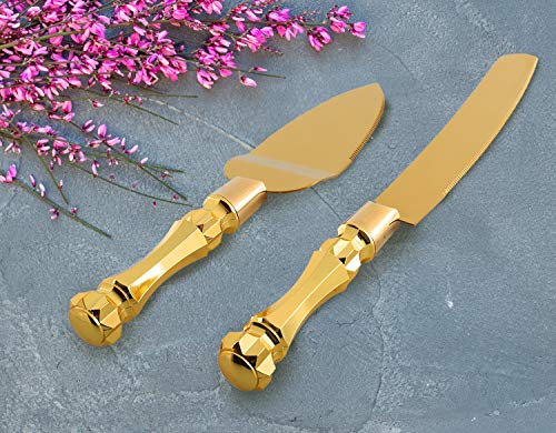 Homi Styles Wedding Cake knife and Server Set | Elegant Gold Color Plastic Handles And Premium 420 Stainless Steel Titanium gold plated Blades | Cake & Pie Serving Set for Wedding,Birthdays, Parties