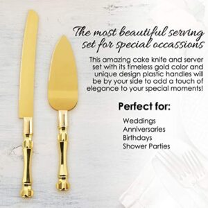 Homi Styles Wedding Cake knife and Server Set | Elegant Gold Color Plastic Handles And Premium 420 Stainless Steel Titanium gold plated Blades | Cake & Pie Serving Set for Wedding,Birthdays, Parties