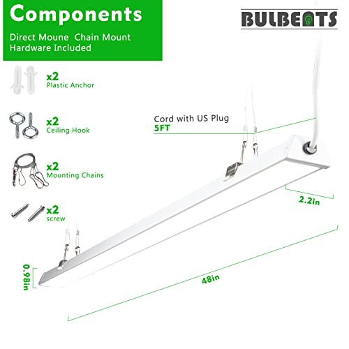 bulbeats Compact LED Shop Light 4FT, 50W Surface/Suspension Mount 4FT Lights Fixture, 7000Lm 5000K T8 Integrated LED Tube Light with 5' Power Cord Ideal for Garage Basement Workshop(4 Pack-ETL)