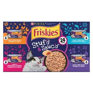 purina friskies gravy wet cat food variety pack, stuf'd & sauc'd with chicken, salmon & shrimp, tuna & turkey - (24) 5.5 oz. cans