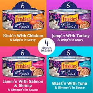 Purina Friskies Gravy Wet Cat Food Variety Pack, Stuf'd & Sauc'd with Chicken, Salmon & Shrimp, Tuna & Turkey - (24) 5.5 oz. Cans