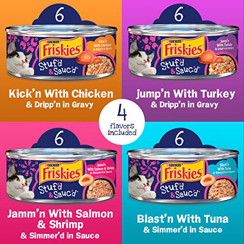 Purina Friskies Gravy Wet Cat Food Variety Pack, Stuf'd & Sauc'd with Chicken, Salmon & Shrimp, Tuna & Turkey - (24) 5.5 oz. Cans