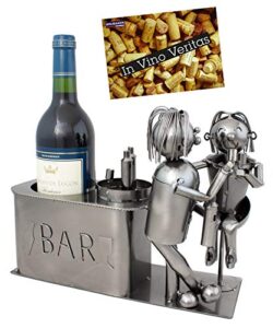 brubaker wine bottle holder 'couple in bar' - table top metal sculpture - with greeting card