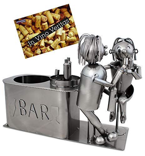 BRUBAKER Wine Bottle Holder 'Couple in Bar' - Table Top Metal Sculpture - with Greeting Card