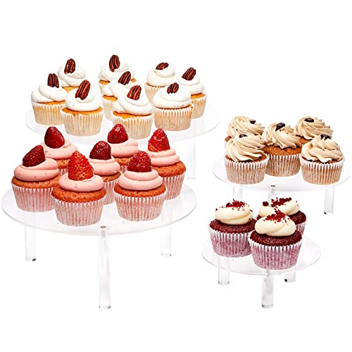 4-Piece Round Acrylic Cake Stand for Dessert Table, Clear Cake and Cupcake Stand Combo Risers for Weddings, Birthday Parties, and Candy Bar Decorations (4 Sizes)