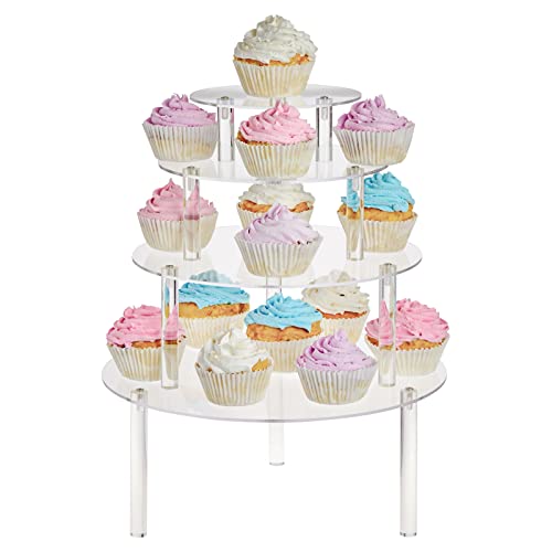 4-Piece Round Acrylic Cake Stand for Dessert Table, Clear Cake and Cupcake Stand Combo Risers for Weddings, Birthday Parties, and Candy Bar Decorations (4 Sizes)