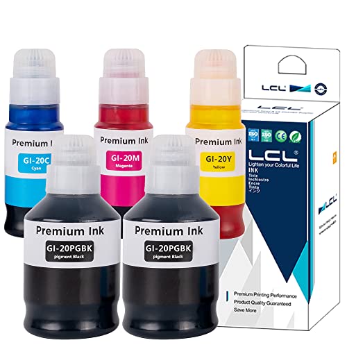 LCL Compatible Ink Bottle Replacement for Canon GI20 GI-20 GI-20PGBK GI-20BK GI-20C GI-20M GI-20Y PPIXMA G5020 G6020 G7020 (5-Pack 2Black Cyan Magenta Yellow)