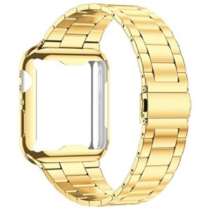 wolait compatible with apple watch band 42mm 44mm 45mm 38mm 40mm 41mm with case, upgraded business stainless steel band with screen protector cover for iwatch series 7/6/se series 5/4/3/2/1,44mm gold
