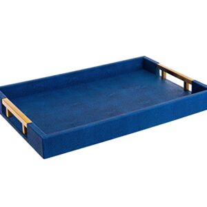 Home Redefined Modern Elegant 18”x12” Rectangle Navy Blue Rectangle Shagreen Decorative Ottoman Coffee Table Perfume Living Room Kitchen Serving Tray with Brass Gold Metal Handles for All Occasion's