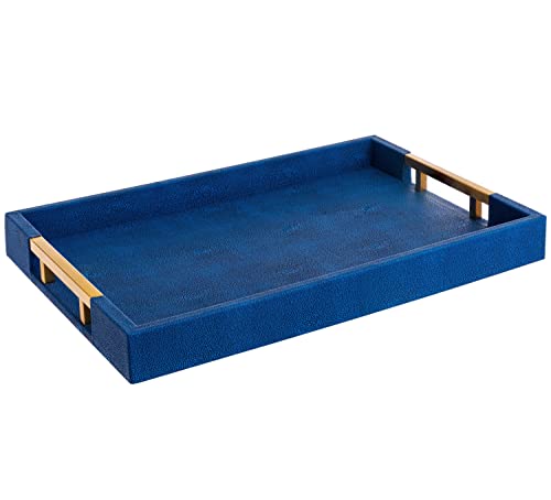 Home Redefined Modern Elegant 18”x12” Rectangle Navy Blue Rectangle Shagreen Decorative Ottoman Coffee Table Perfume Living Room Kitchen Serving Tray with Brass Gold Metal Handles for All Occasion's