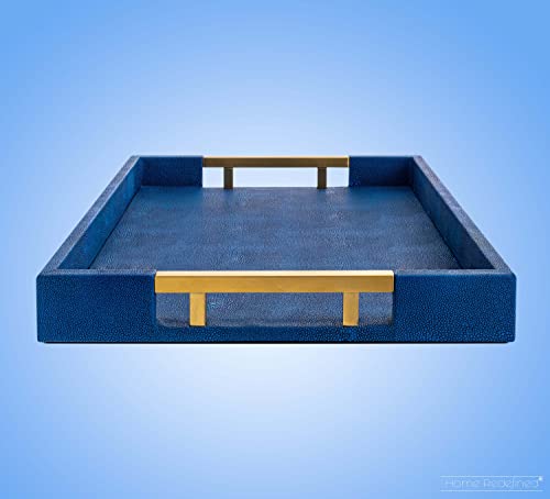 Home Redefined Modern Elegant 18”x12” Rectangle Navy Blue Rectangle Shagreen Decorative Ottoman Coffee Table Perfume Living Room Kitchen Serving Tray with Brass Gold Metal Handles for All Occasion's