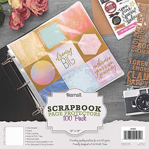 Samsill Scrapbook Refill Pages 12x12 Inches, 100 Pack, Super Heavyweight, Clear, Fits 3 Ring Scrapbook Binders and 12x12 Photo Album Refill Pages, Archival Safe, Top Loading, Acid Free, PVC Free