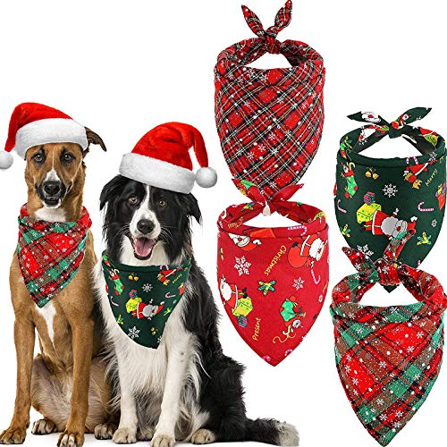 4 Pieces Christmas Dog Bandanas Pet Triangle Scarf Plaid Santa Pattern Pet Kerchief Snowflake Accessories Bibs for Dog Cat Pet