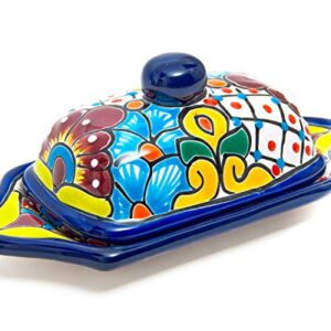 Enchanted Talavera Pottery Hand Painted Ceramic Butter Dish Kitchen Butter Holder Spanish Hand Painted Floral Design (Cobalt Blue Multi)