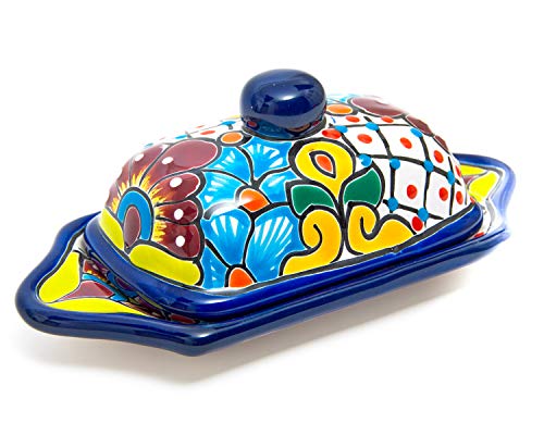 Enchanted Talavera Pottery Hand Painted Ceramic Butter Dish Kitchen Butter Holder Spanish Hand Painted Floral Design (Cobalt Blue Multi)