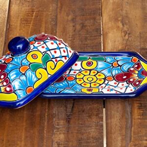 Enchanted Talavera Pottery Hand Painted Ceramic Butter Dish Kitchen Butter Holder Spanish Hand Painted Floral Design (Cobalt Blue Multi)