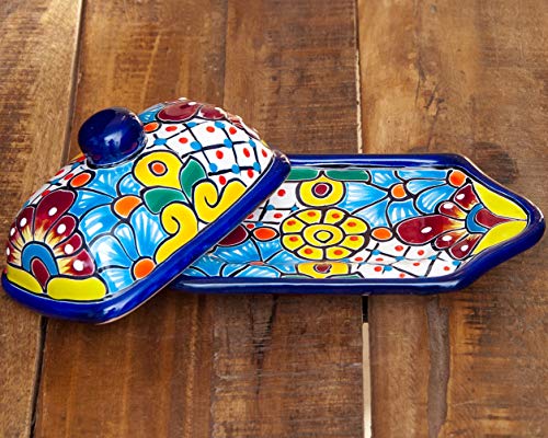 Enchanted Talavera Pottery Hand Painted Ceramic Butter Dish Kitchen Butter Holder Spanish Hand Painted Floral Design (Cobalt Blue Multi)