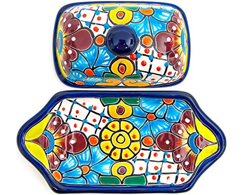 Enchanted Talavera Pottery Hand Painted Ceramic Butter Dish Kitchen Butter Holder Spanish Hand Painted Floral Design (Cobalt Blue Multi)