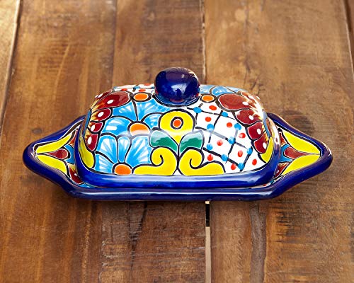 Enchanted Talavera Pottery Hand Painted Ceramic Butter Dish Kitchen Butter Holder Spanish Hand Painted Floral Design (Cobalt Blue Multi)