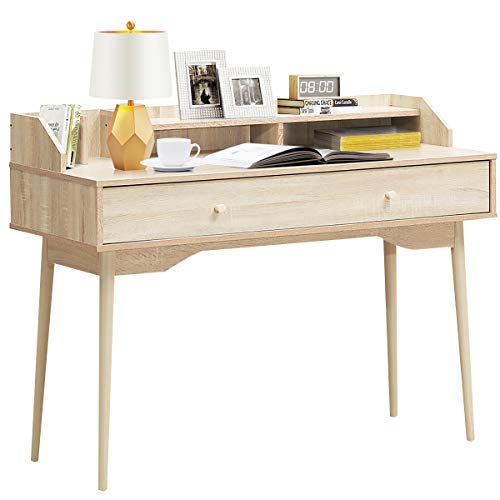 Tangkula Mid Century Desk with Storage Drawer, Writing Study Computer Desk with Hutch, Wooden Study Table PC Workstation, Home Office Desk Kid’s Desk for Bedroom (Natural)