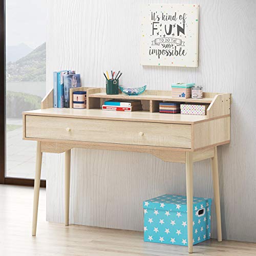 Tangkula Mid Century Desk with Storage Drawer, Writing Study Computer Desk with Hutch, Wooden Study Table PC Workstation, Home Office Desk Kid’s Desk for Bedroom (Natural)
