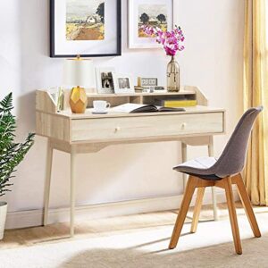 Tangkula Mid Century Desk with Storage Drawer, Writing Study Computer Desk with Hutch, Wooden Study Table PC Workstation, Home Office Desk Kid’s Desk for Bedroom (Natural)