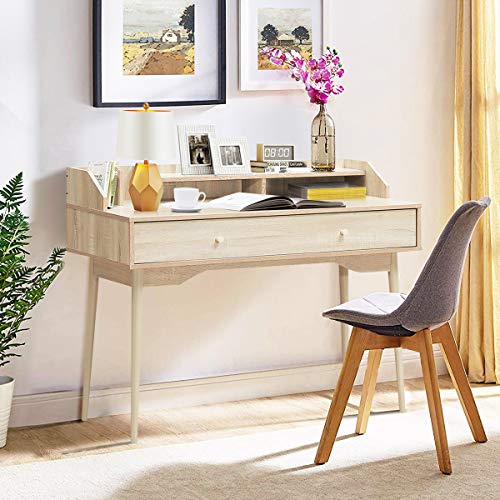 Tangkula Mid Century Desk with Storage Drawer, Writing Study Computer Desk with Hutch, Wooden Study Table PC Workstation, Home Office Desk Kid’s Desk for Bedroom (Natural)