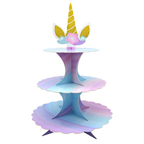 WEEPA Unicorn Party Supplies Birthday Decorations 3 Tier Unicorn Cupcake Stand Round Serving Tray Stand Cake Display Table for Unicorn Theme Party Birthday Baby Shower Wedding