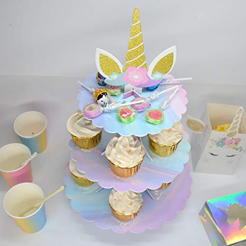 WEEPA Unicorn Party Supplies Birthday Decorations 3 Tier Unicorn Cupcake Stand Round Serving Tray Stand Cake Display Table for Unicorn Theme Party Birthday Baby Shower Wedding