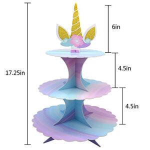 WEEPA Unicorn Party Supplies Birthday Decorations 3 Tier Unicorn Cupcake Stand Round Serving Tray Stand Cake Display Table for Unicorn Theme Party Birthday Baby Shower Wedding