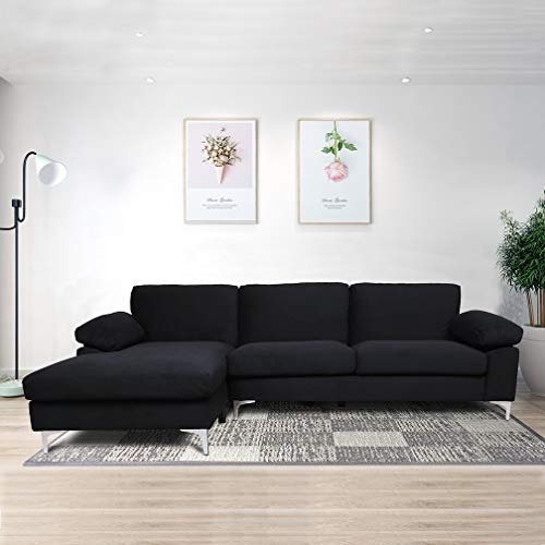 UStinsa Sectional Couch for Living Room Sectional Sofa with Velvet Fabric and Hard Wood Frame L-Shape Sectional Sofa Couch Black Sofa