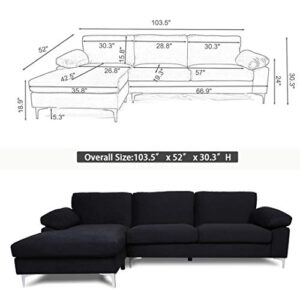 UStinsa Sectional Couch for Living Room Sectional Sofa with Velvet Fabric and Hard Wood Frame L-Shape Sectional Sofa Couch Black Sofa