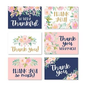 24 navy blush floral thank you cards with envelopes, great note for adult funeral sympathy or gift gratitude supplies for grad, birthday, baby or bridal wedding shower for boy or girl kid watercolor
