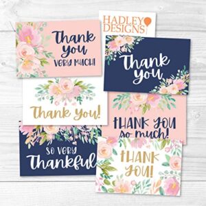 24 Navy Blush Floral Thank You Cards With Envelopes, Great Note For Adult Funeral Sympathy or Gift Gratitude Supplies For Grad, Birthday, Baby or Bridal Wedding Shower For Boy or Girl Kid Watercolor
