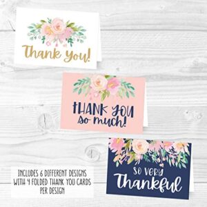 24 Navy Blush Floral Thank You Cards With Envelopes, Great Note For Adult Funeral Sympathy or Gift Gratitude Supplies For Grad, Birthday, Baby or Bridal Wedding Shower For Boy or Girl Kid Watercolor