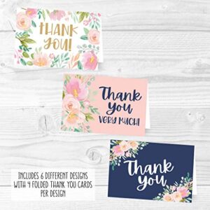 24 Navy Blush Floral Thank You Cards With Envelopes, Great Note For Adult Funeral Sympathy or Gift Gratitude Supplies For Grad, Birthday, Baby or Bridal Wedding Shower For Boy or Girl Kid Watercolor