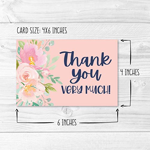 24 Navy Blush Floral Thank You Cards With Envelopes, Great Note For Adult Funeral Sympathy or Gift Gratitude Supplies For Grad, Birthday, Baby or Bridal Wedding Shower For Boy or Girl Kid Watercolor