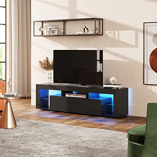 WLIVE LED TV Stand for 60/65/70 Inch TV, Entertainment Center with Open Shelves, TV Console with 2 Storage Drawers for Bedroom, Living Room, Media Stand with Display Glass, Black