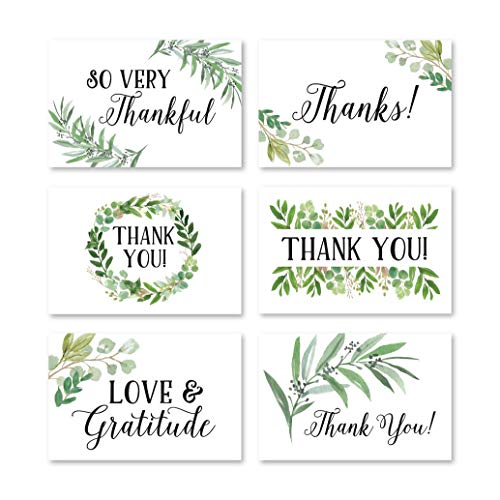 24 Greenery Foliage Thank You Cards With Envelopes, Simple Note For Adult Funeral Sympathy or Gift Gratitude Supplies For Grad, Birthday, Baby or Watercolor Bridal Wedding Shower For Boy or Girl Kid