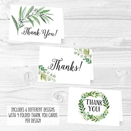 24 Greenery Foliage Thank You Cards With Envelopes, Simple Note For Adult Funeral Sympathy or Gift Gratitude Supplies For Grad, Birthday, Baby or Watercolor Bridal Wedding Shower For Boy or Girl Kid