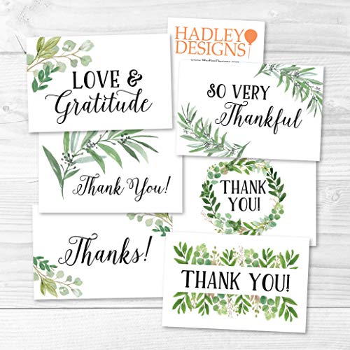 24 Greenery Foliage Thank You Cards With Envelopes, Simple Note For Adult Funeral Sympathy or Gift Gratitude Supplies For Grad, Birthday, Baby or Watercolor Bridal Wedding Shower For Boy or Girl Kid