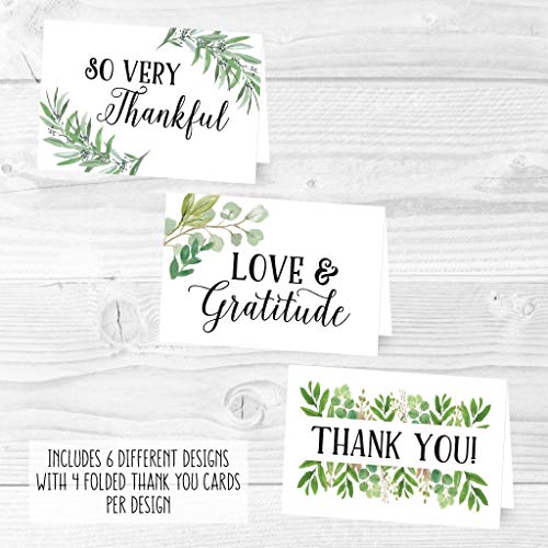 24 Greenery Foliage Thank You Cards With Envelopes, Simple Note For Adult Funeral Sympathy or Gift Gratitude Supplies For Grad, Birthday, Baby or Watercolor Bridal Wedding Shower For Boy or Girl Kid