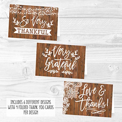 24 Rustic Wood Thank You Cards With Envelopes, Great Note For Adult Funeral Sympathy or Gift Gratitude Supplies For Grad, Birthday, Baby or Country Western Bridal Wedding Shower For Boy or Girl Kid