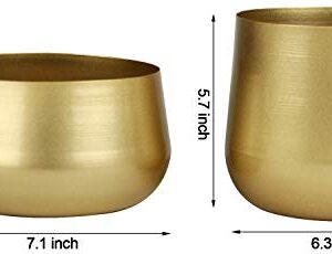 Vixdonos Gold Metal Flower Pots Brass-Toned Garden Planters, 7.1/6.3 Inch Indoor Round Succulent Containers, Pack 2 Cactus Plant Pots with Drainage Hole