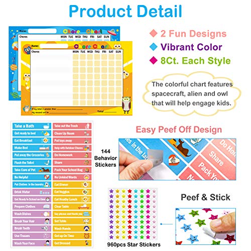 Pack of 16 Chore Reward Chart for Kids, Yoklili Teach Children Responsibility & Good Behavior Chart for Home Classroom, Includes 144 Chore & 960 Star Stickers