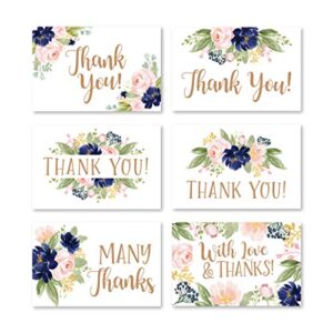 24 navy floral thank you cards with envelopes, great note for adult funeral sympathy or gift gratitude supplies for grad, birthday, baby or classic vintage flower bridal wedding shower for boy or girl