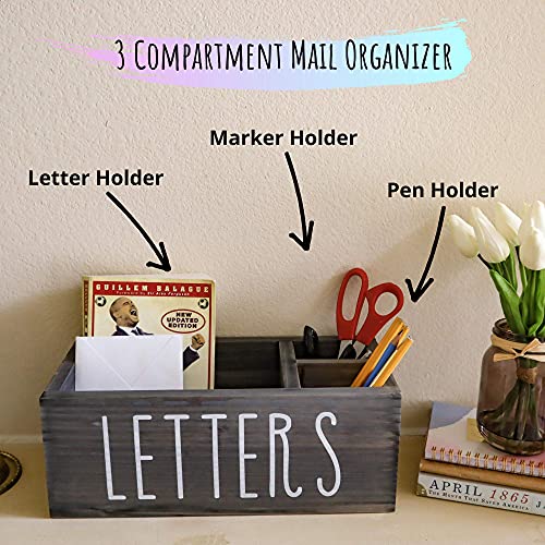 Wooden Mail Organizer with Pen Holder - 3 Compartment Office Desk Organizer Box, Mail Holder for Countertop, Desktop Letter Holder Box, Rustic Home Office Decor Mail Storage Basket, 13 in Grey