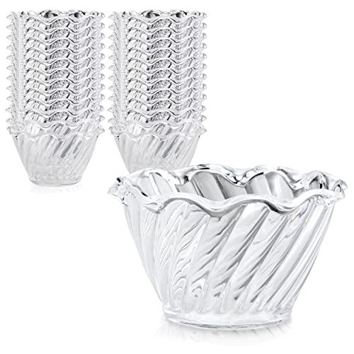 [24 Pack] Plastic Dessert Cups 5 oz - Clear Mini Ice Cream Sundae Tasting Bowls, Individual Swirl Tulip Shape Dish Holder, Salad Appetizer Chocolate Candy Serving in Party Buffet, Commercial Home Use